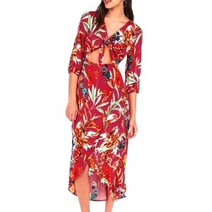 Tropical floral cutout tie front dress